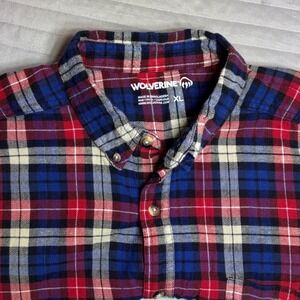 WOLVERINE Mens XL Flannel Shirt Red Blue Plaid Long Sleeve Button Up Casual